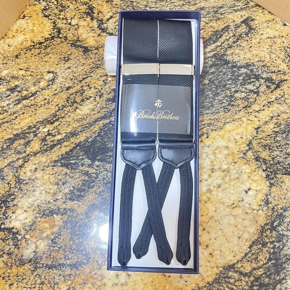 Brooks Brothers‎ Suspenders Mens One Size Black Button-End Leather Braces Boxed